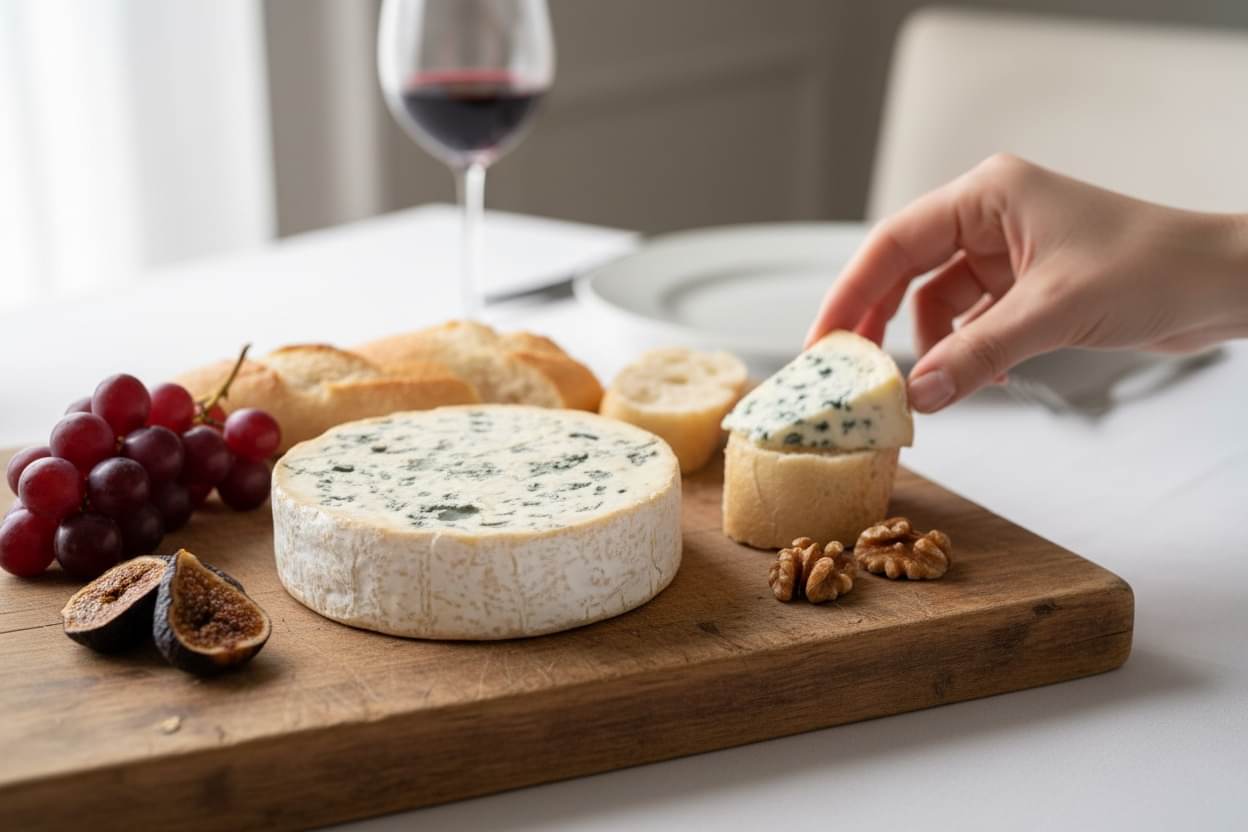Planche de Fourme d'Auvergne au lait cru avec raisin, figues, noix et pain, servie avec un verre de vin rouge